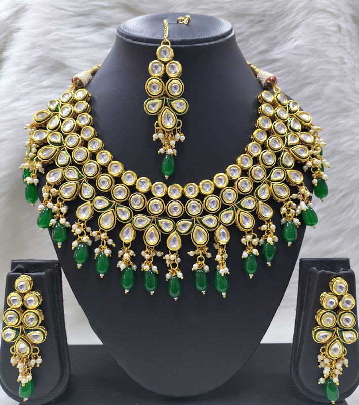 [K51 GREEN] K51 GREEN Dabbi Kundan With Back Meena Necklace Earring Jewellery set