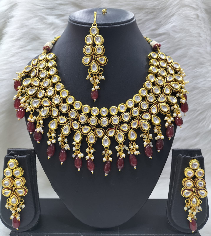 [K51 MAROON] K51 MAROON Dabbi Kundan With Back Meena Necklace Earring Jewellery set
