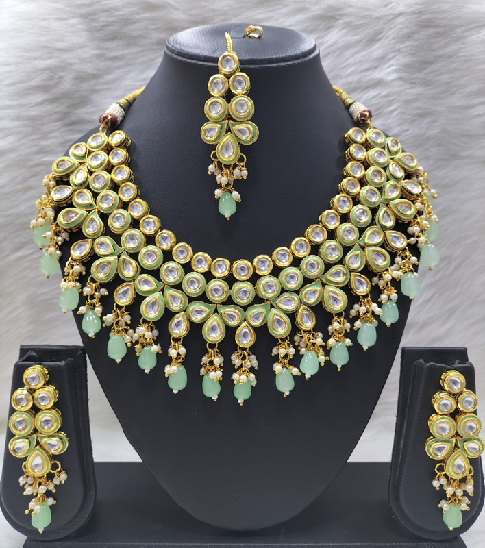 [K51 MINT GREEN] K51 MINT GREEN Dabbi Kundan With Back Meena Necklace Earring Jewellery set