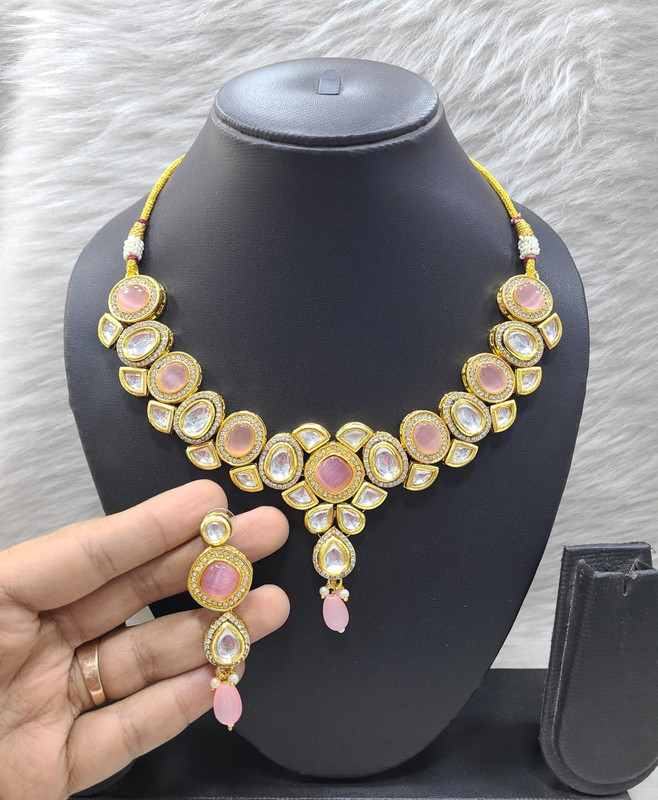 K52 BABY PINK Dabbi Kundan With Back Meena Necklace Earring Jewellery set