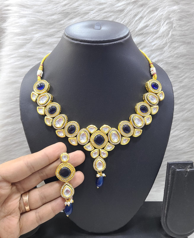 [K52 BLUE] K52 BLUE Dabbi Kundan With Back Meena Necklace Earring Jewellery set