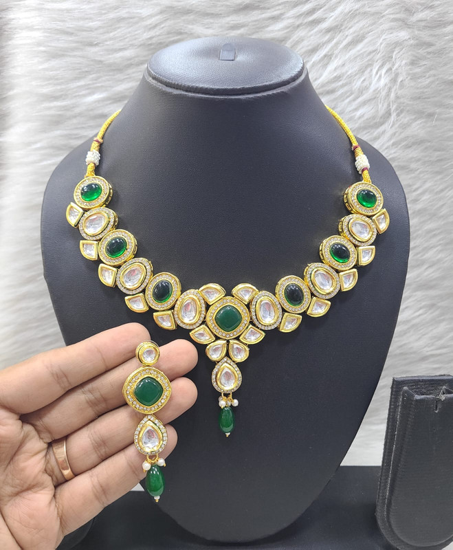 Artisan Couture K52 Green Dabbi Kundan With Back Meena Necklace Earring Jewellery Set