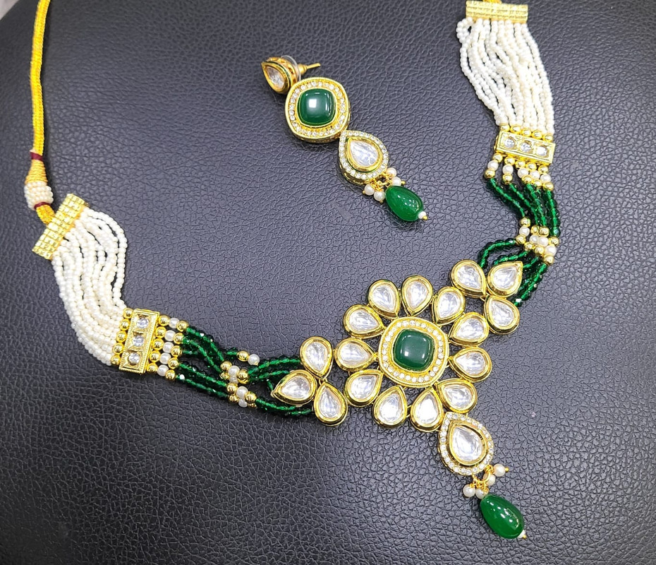 [K53 GREEN] K53 GREEN Dabbi Kundan With Back Meena Necklace Earring Jewellery set