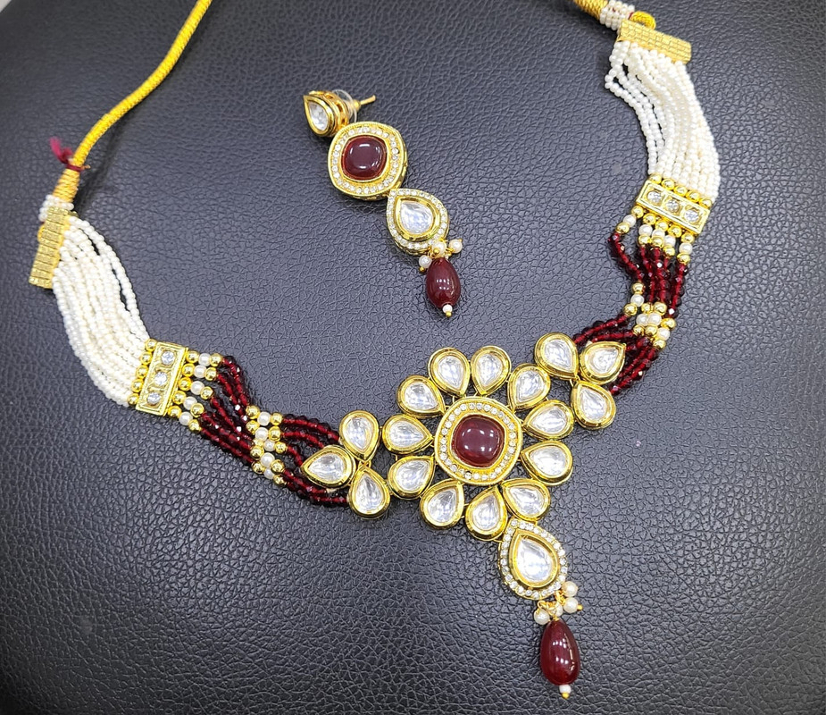 [K53 MAROON] K53 MAROON Dabbi Kundan With Back Meena Necklace Earring Jewellery set