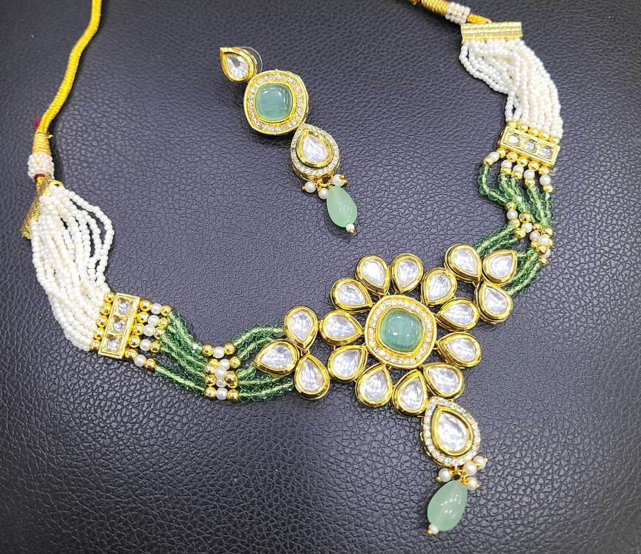 [K53 MINT GREEN] K53 MINT GREEN Dabbi Kundan With Back Meena Necklace Earring Jewellery set