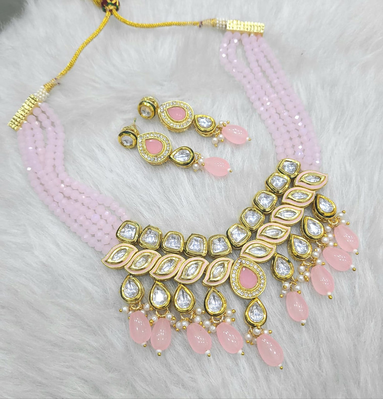 [K54 BABY PINK] K54 BABY PINK Dabbi Kundan With Back Meena Necklace Earring Jewellery set