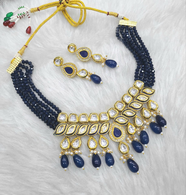 Dazzling Couture K54 Blue Dabbi Kundan With Back Meena Necklace Earring Jewellery Set