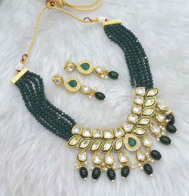 [K54 GREEN] K54 GREEN Dabbi Kundan With Back Meena Necklace Earring Jewellery set