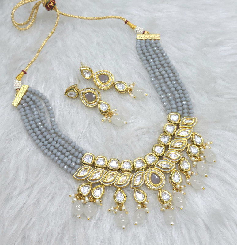Graceful Couture K54 Grey Dabbi Kundan With Back Meena Necklace Earring Jewellery Set