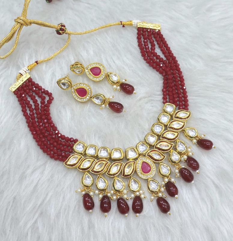 K54 MAROON Dabbi Kundan With Back Meena Necklace Earring Jewellery set