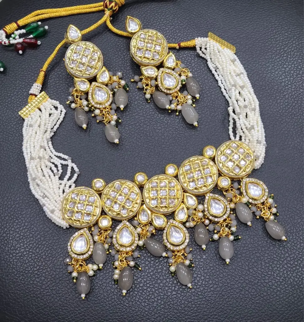 Enchanting Couture K55 Grey Dabbi Kundan With Back Meena Necklace Earring Jewellery Set