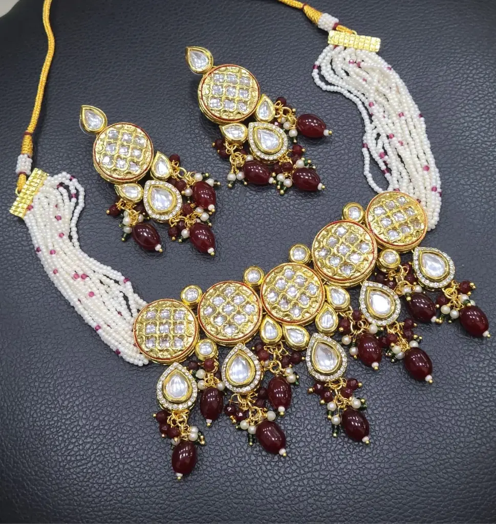 [K55 MAROON] K55 MAROON Dabbi Kundan With Back Meena Necklace Earring Jewellery set