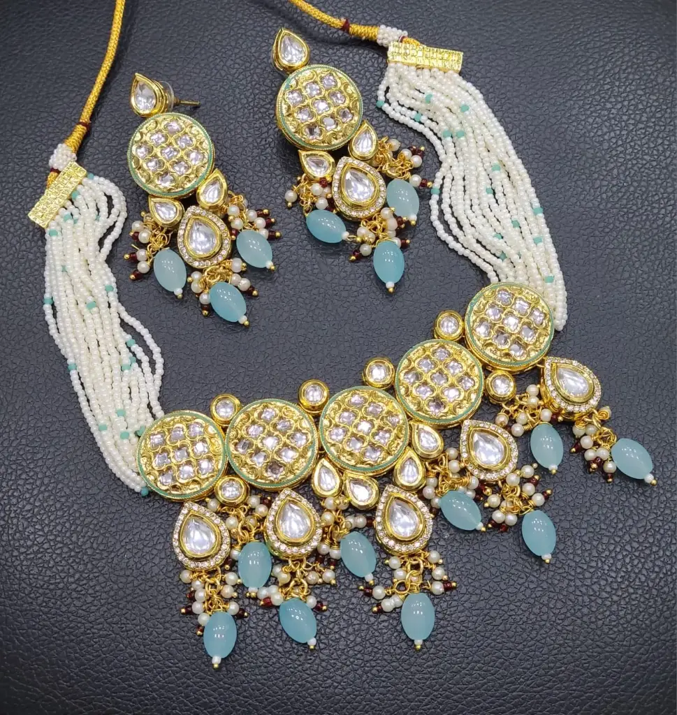 Mesmerizing Couture K55 Sky Blue Dabbi Kundan With Back Meena Necklace Earring Jewellery Set