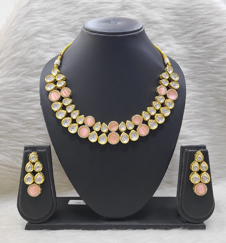 Breathtaking Designer K13 Baby Pink Dabbi Kundan With Back Meena Necklace Earring Jewellery Set