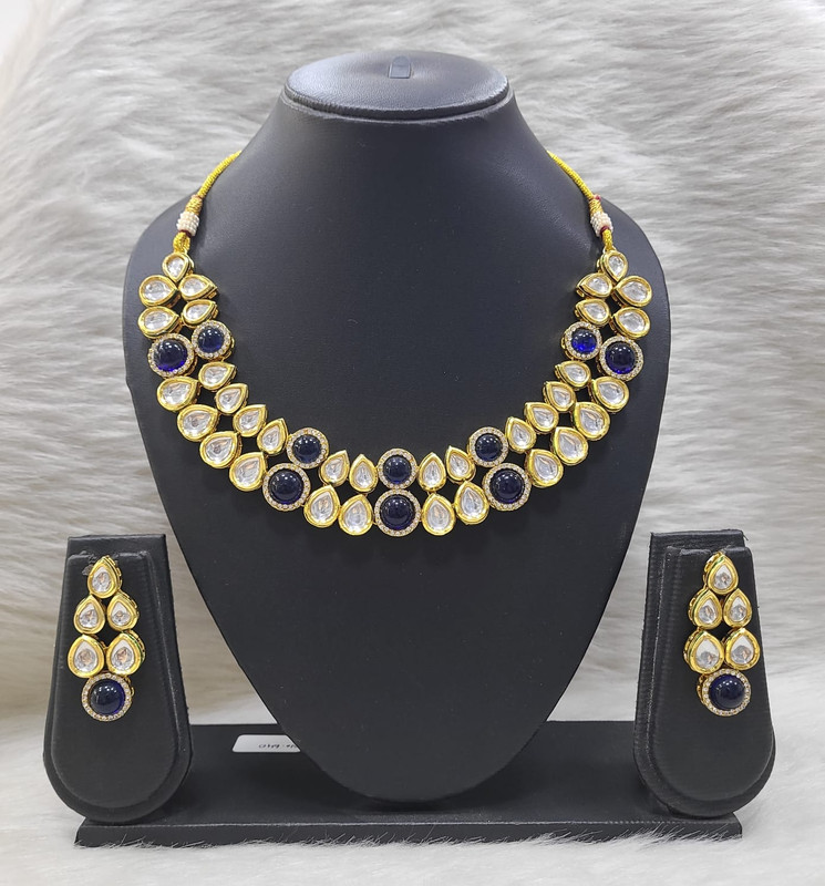 Ethereal Designer K13 Blue Dabbi Kundan With Back Meena Necklace Earring Jewellery Set