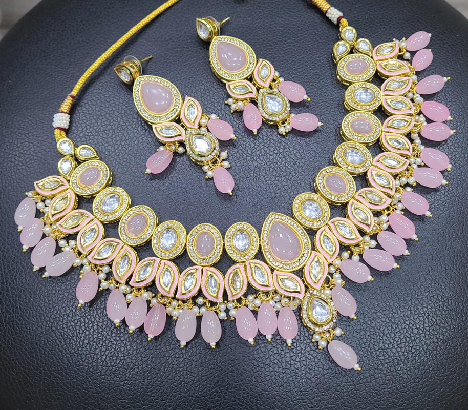 Ornate Designer K14 Baby Pink Dabbi Kundan With Back Meena Necklace Earring Jewellery Set