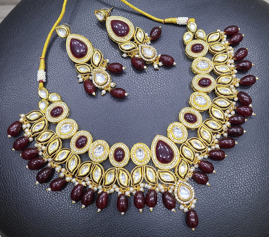 [K14 MAROON] K14 MAROON Dabbi Kundan With Back Meena Necklace Earring Jewellery set