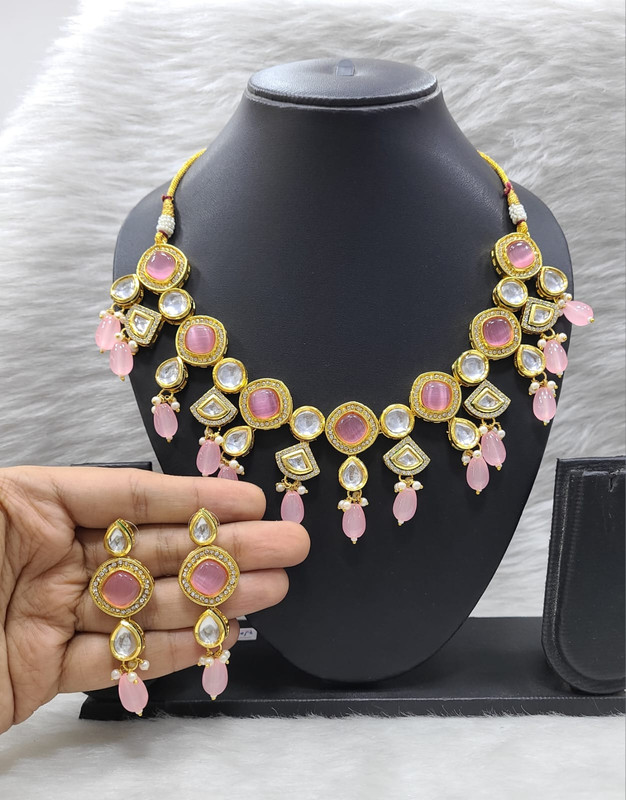 Lustrous Designer K15 Baby Pink Dabbi Kundan With Back Meena Necklace Earring Jewellery Set