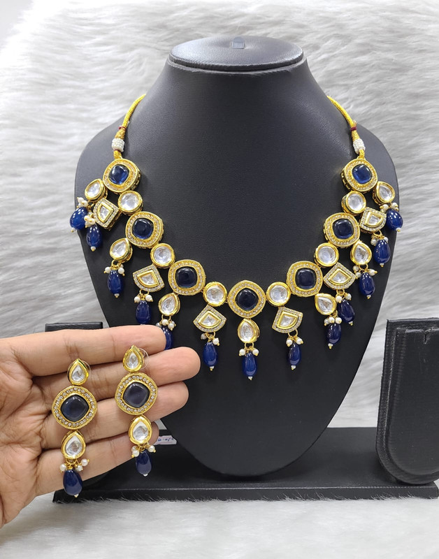 [K15 BLUE] K15 BLUE Dabbi Kundan With Back Meena Necklace Earring Jewellery set