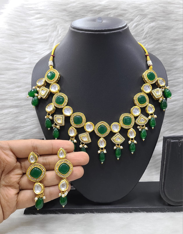 Elegant Fashion K15 Green Dabbi Kundan With Back Meena Necklace Earring Jewellery Set