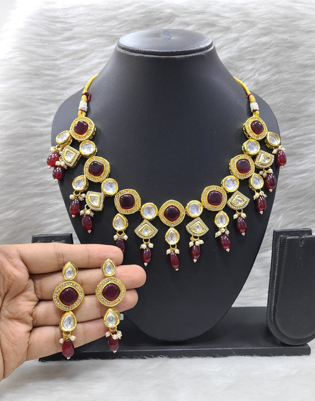 Traditional Fashion K15 Maroon Dabbi Kundan With Back Meena Necklace Earring Jewellery Set