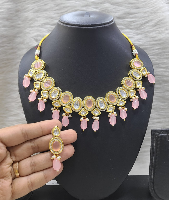 [K16 BABY PINK] K16 BABY PINK Dabbi Kundan With Back Meena Necklace Earring Jewellery set