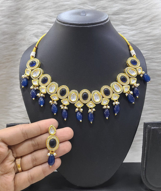 Magnifique Fashion K16 Blue Dabbi Kundan With Back Meena Necklace Earring Jewellery Set