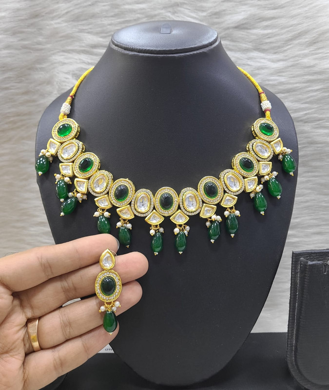 Desi Fashion K16 Green Dabbi Kundan With Back Meena Necklace Earring Jewellery Set