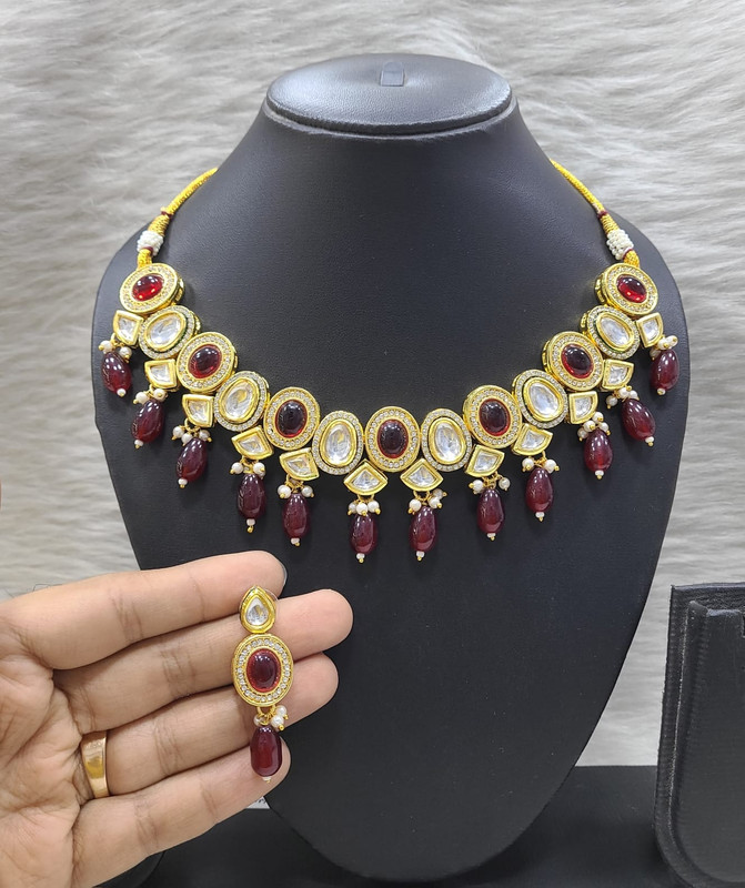 [K16 MAROON] K16 MAROON Dabbi Kundan With Back Meena Necklace Earring Jewellery set