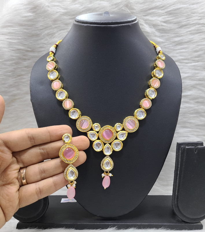 Classic Fashion K17 Baby Pink Dabbi Kundan With Back Meena Necklace Earring Jewellery Set