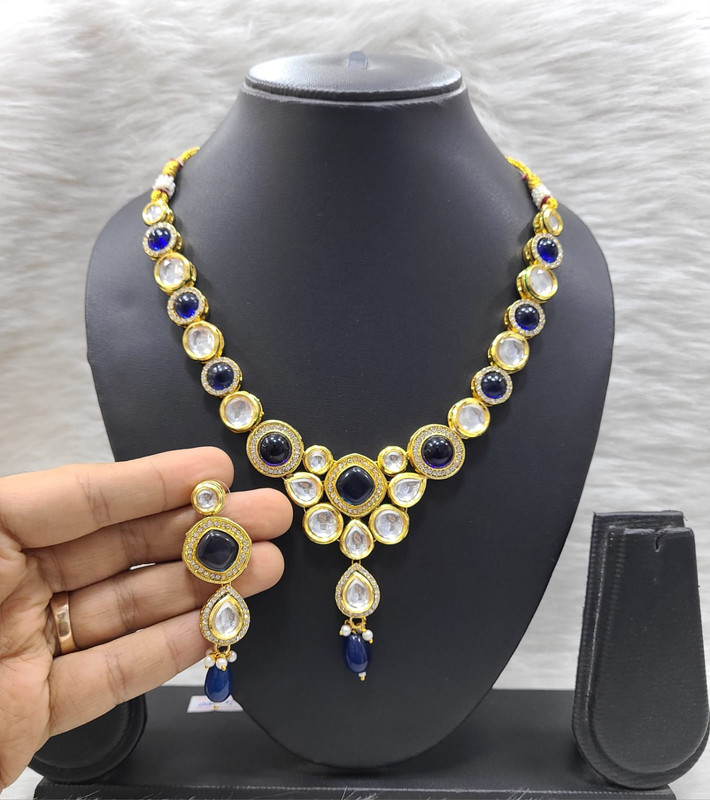 Glamorous Fashion K17 Blue Dabbi Kundan With Back Meena Necklace Earring Jewellery Set