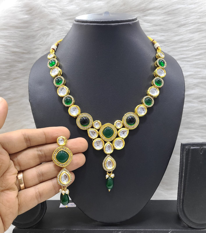 Vintage Fashion K17 Green Dabbi Kundan With Back Meena Necklace Earring Jewellery Set