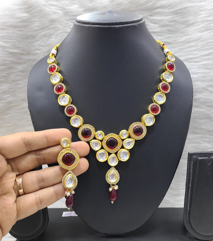 Trendy Fashion K17 Maroon Dabbi Kundan With Back Meena Necklace Earring Jewellery Set