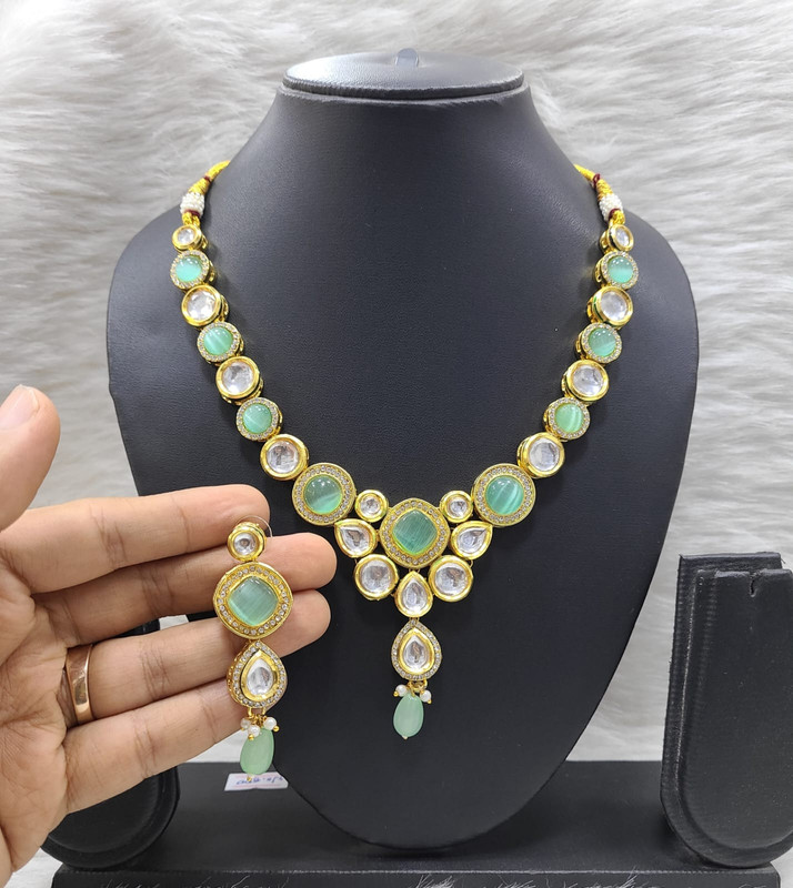 Shandaar Fashion K17 Mint Green Dabbi Kundan With Back Meena Necklace Earring Jewellery Set