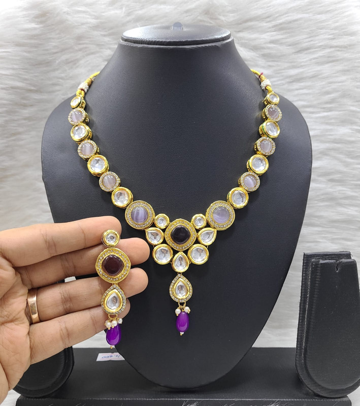 Exquisite Fashion K17 Purple Dabbi Kundan With Back Meena Necklace Earring Jewellery Set