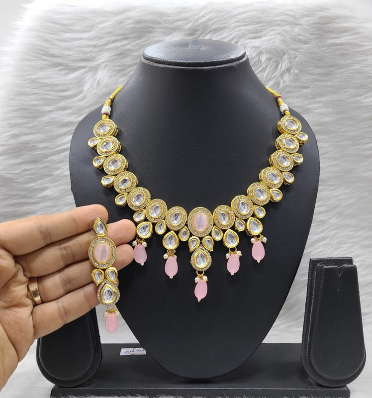 Gorgeous Fashion K18 Baby Pink Dabbi Kundan With Back Meena Necklace Earring Jewellery Set