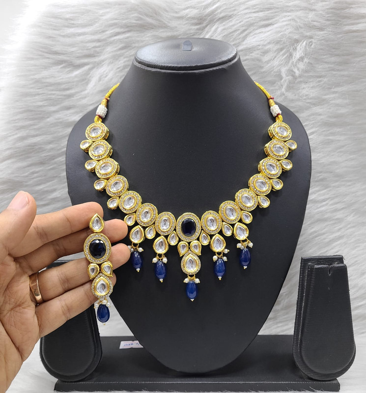 Beautiful Fashion K18 Blue Dabbi Kundan With Back Meena Necklace Earring Jewellery Set