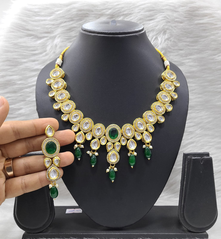 Stunning Fashion K18 Green Dabbi Kundan With Back Meena Necklace Earring Jewellery Set