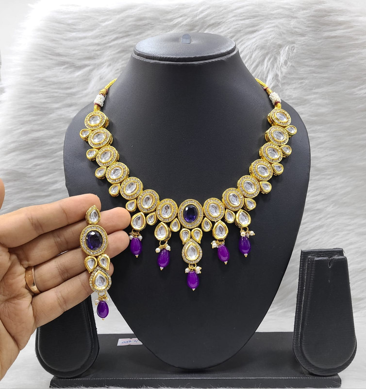 Luxury Fashion K18 Purple Dabbi Kundan With Back Meena Necklace Earring Jewellery Set