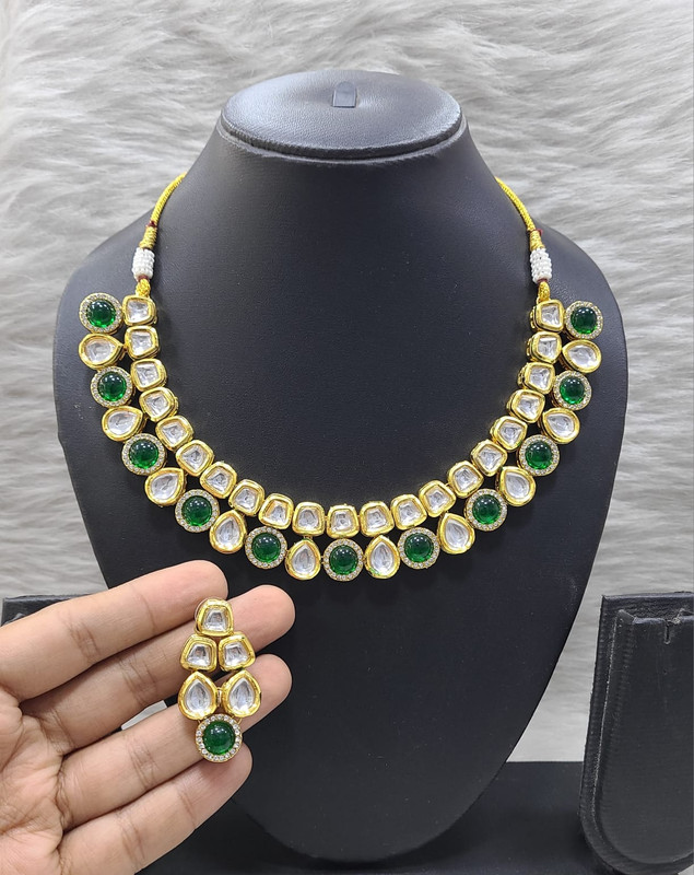 Artisan Fashion K19 Green Dabbi Kundan With Back Meena Necklace Earring Jewellery Set