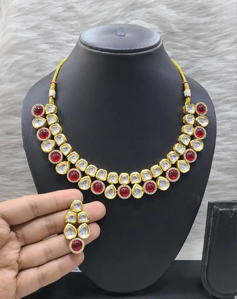 K19 MAROON Dabbi Kundan With Back Meena Necklace Earring Jewellery set