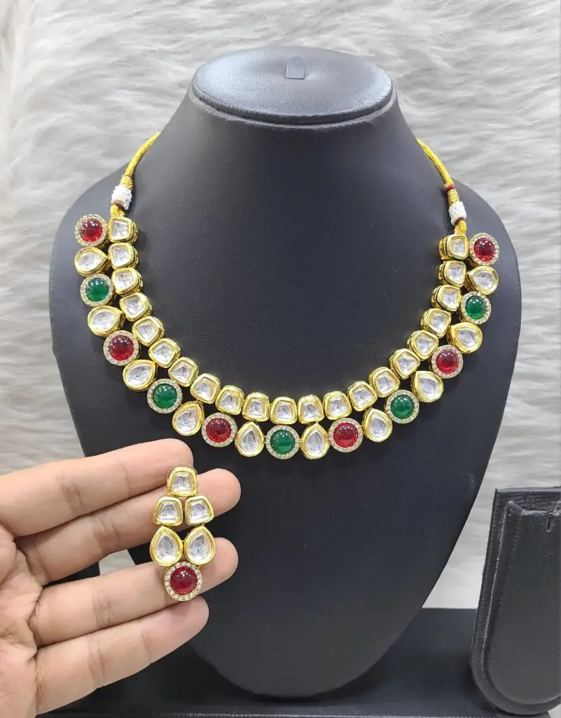Opulent Fashion K19 Maroon Green Dabbi Kundan With Back Meena Necklace Earring Jewellery Set
