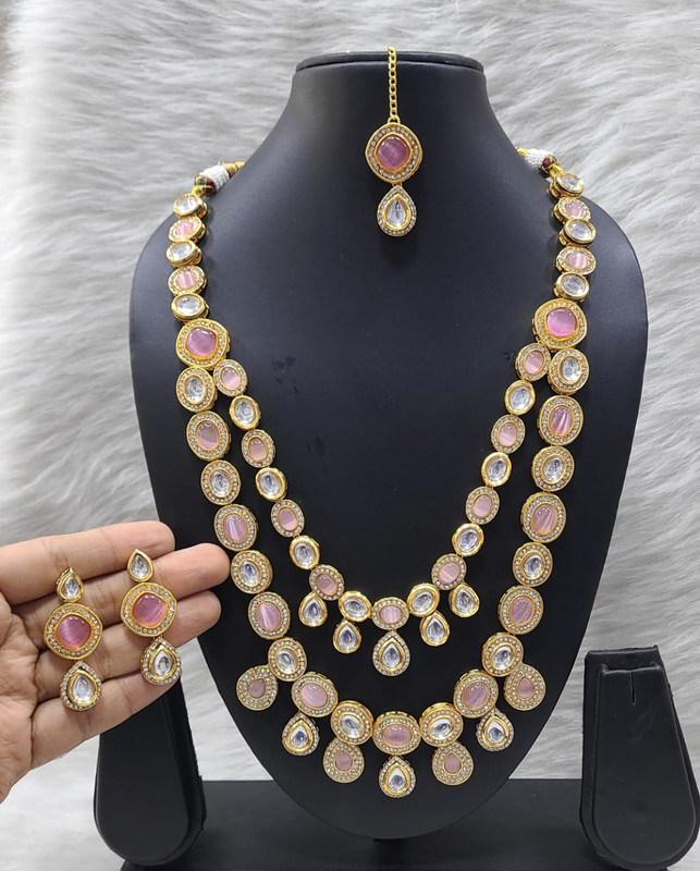K20 BABY PINK Dabbi Kundan With Back Meena Necklace Earring Jewellery set