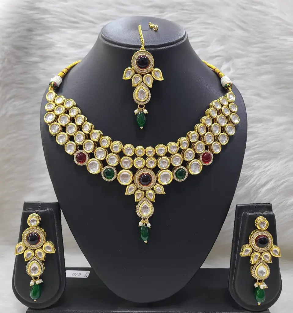 Pristine Fashion K20 Maroon Green Dabbi Kundan With Back Meena Necklace Earring Jewellery Set
