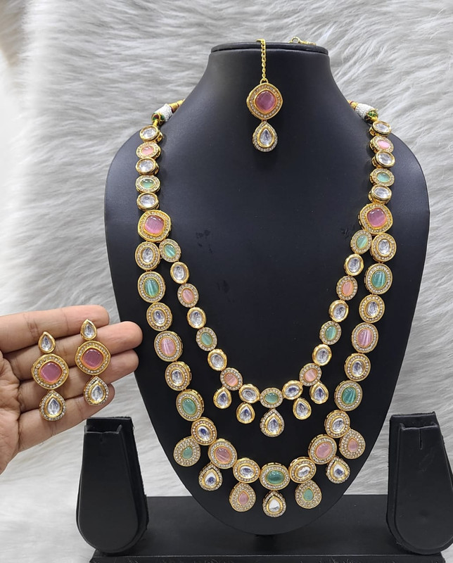 K20 MINT GREEN Dabbi Kundan With Back Meena Necklace Earring Jewellery set