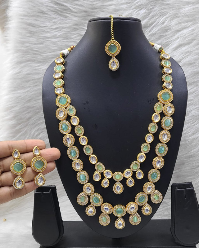 Resplendent Fashion K20 Mint Green Baby Pink Dabbi Kundan With Back Meena Necklace Earring Jewellery Set