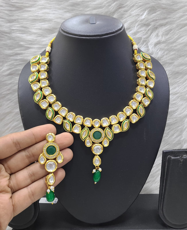 Lustrous Fashion K21 Green Dabbi Kundan With Back Meena Necklace Earring Jewellery Set