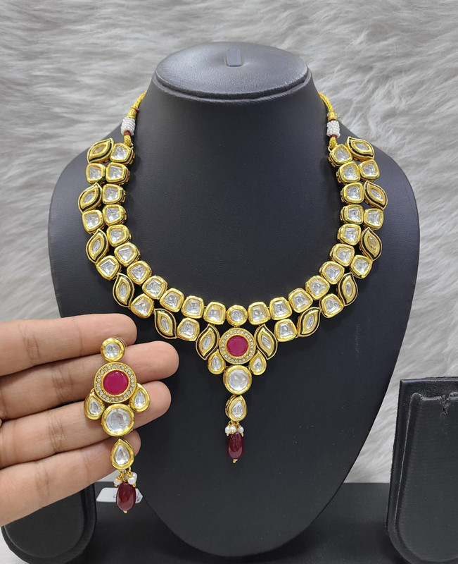 Vibrant Fashion K21 Maroon Dabbi Kundan With Back Meena Necklace Earring Jewellery Set