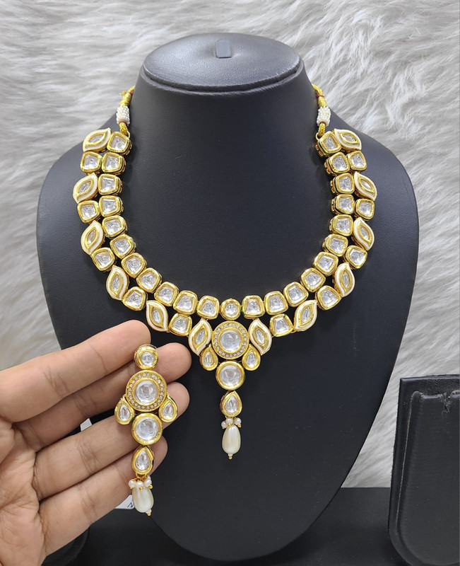 Elegant Stylish K21 White Dabbi Kundan With Back Meena Necklace Earring Jewellery Set