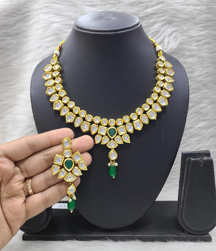 Traditional Stylish K22 Green Dabbi Kundan With Back Meena Necklace Earring Jewellery Set
